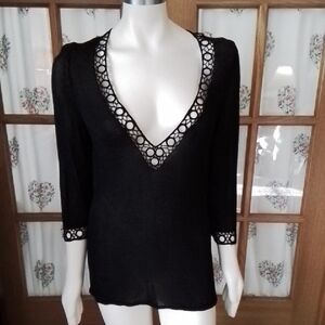 Ann Taylor Black V-Neck Sweater, 90% Rayon, Size L.